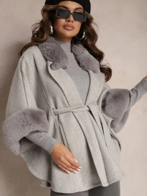 Szary Płaszcz Ponczo z Wiskozy z Paskiem i Futerkiem Roymessa elsa.m by may