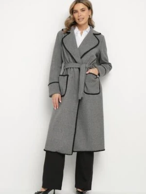 Szary Płaszcz z Kontrastowymi Obszyciami o Szlafrokowym Kroju z Wiązanym Paskiem Norenamia new collection