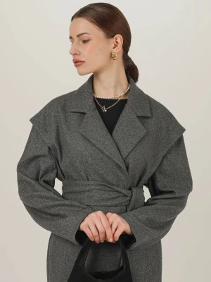 Szary płaszcz z szerokimi ramionami-NEO-wełna i kaszmir LAÏF