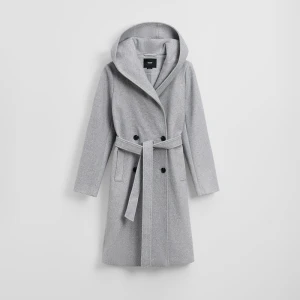 Szary płaszcz z wiązaniem, kapturem i podszewką House