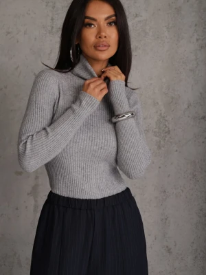 Szary Prążkowany Golf z Bawełną o Kroju Slim z Elastycznego Materiału Kuarisa J&x