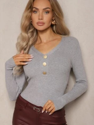 Szary Prążkowany Sweter z Bawełną i Guzikami Mirisia j&x