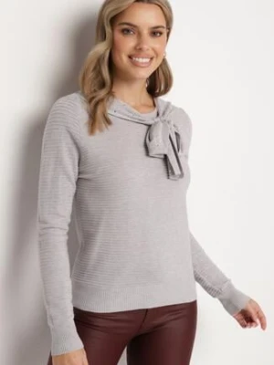 Szary Prążkowany Sweter z Wiskozą Zdobiony Cyrkoniami i Wiązaniem Maltinnia newstar