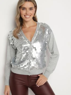 Szary Rozpinany Kardigan z Wiskozą Ozdobiony Cekinami Evandriae wei wei
