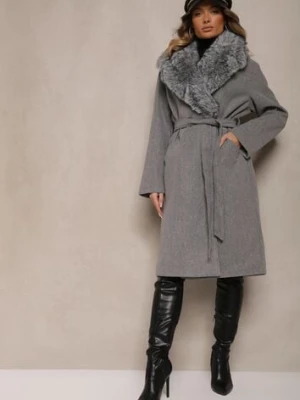 Szary Stylowy Płaszcz o Dwurzędowym Fasonie z Kołnierzem z Futerka i Paskiem Delarwen metrofive