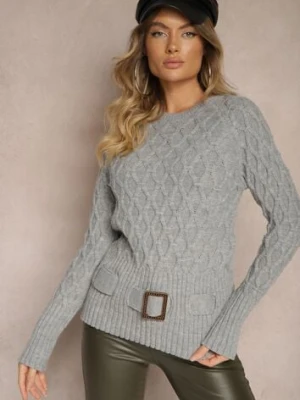 Szary Sweter w Delikatny Splot z Ozdobną Klamrą i Paskiem na Dole Rievea miss poem