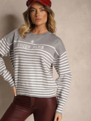 Szary Sweter z Bawełną Ozdobiony Haftowanym Napisem i Paskami Zeanika j&x