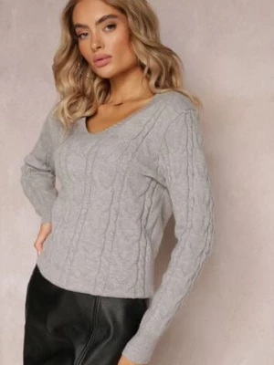Szary Sweter z Dekoltem w Serek w Ozdobny Splot Helgitta wool fashion