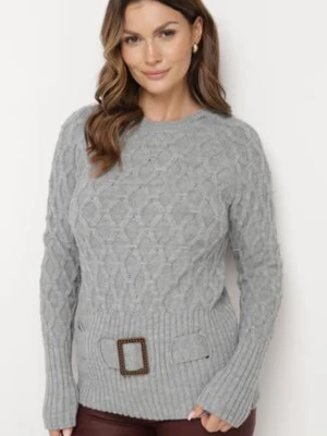 Szary Sweter z Ozdobnym Splotem z Paskiem i Klamrą Riean miss poem