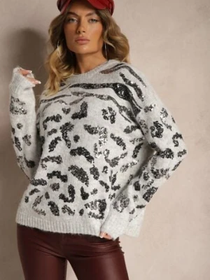 Szary Sweter z Wełną Ozdobiony Cekinowym Wzorem w Panterkę Issanoria bisou's project
