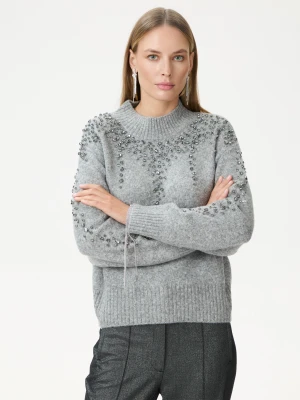Szary sweter z wełną wyszywany kryształkami TARANKO