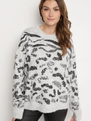 Szary Sweter z Wełną Zdobiony Cekinami w Panterkowy Wzór Issadra bisou's project