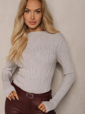 Szary Sweter z Wiskozą i Ozdobnym Splotem Saviana Wool Fashion