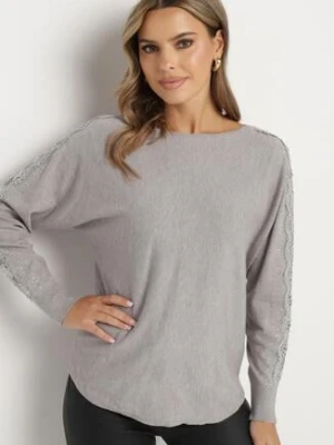 Szary Sweter z Wiskozą Ozdobiony Cyrkoniami na Rękawach Reninna newstar