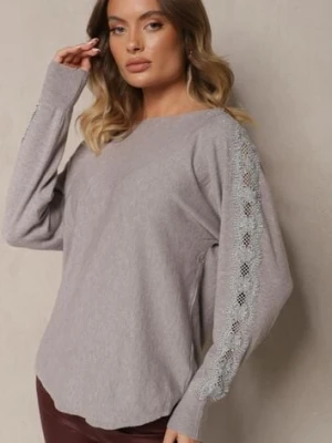 Szary Sweter z Wiskozą z Cyrkoniami i Koronką na Rękawach Enarimia newstar