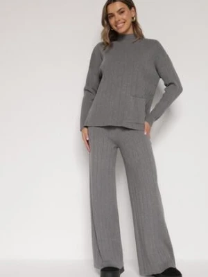 Szary Sweterkowy Komplet Sweter z Półgolfem i Szerokie Spodnie Alatusa