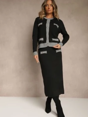 Szary Sweterkowy Komplet z Dzianiny z Bawełną Kardigan i Spódnica Derrive j&x