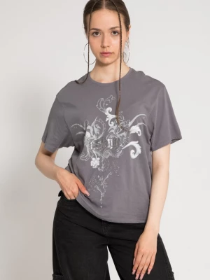 Szary t-shirt oversize z autorską grafiką z przodu