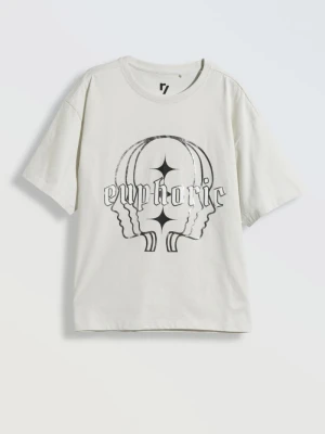 Szary T-Shirt oversize z błyszczącym nadrukiem z przodu Reporter Young