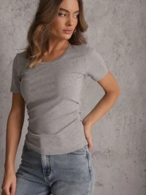 Szary T-shirt w Prążki z Marszczeniami po Bokach Nedala romee's