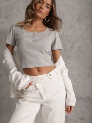 Szary Top z Bawełny Ozdobiony Guzikami przy Dekolcie Nediva romee's