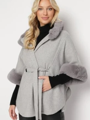Szary Wiskozowy Płaszcz Ponczo z Futerkiem i Paskiem w Talii Simantika elsa.m by may