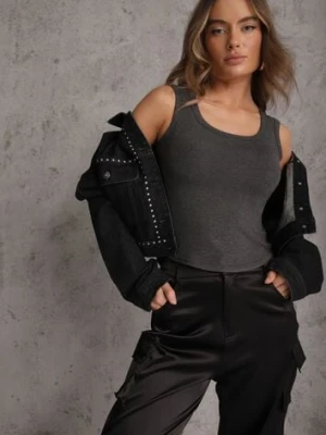 Szary Wiskozowy Top Dopasowany z Kwadratowym Dekoltem Bez Rękawów Bilincja yu & me