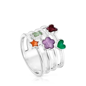 Szeroki Pierścionek Ze Srebra Z Kamieniami Szlachetnymi I Motywami Bold Motif - Tous Rozmiar