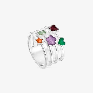 Szeroki Pierścionek Ze Srebra Z Kamieniami Szlachetnymi I Motywami Bold Motif - Tous Rozmiar