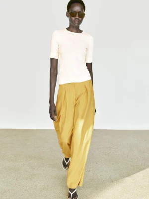 Szerokie Luźne Spodnie Z Lnem - Żółty Musztardowy - Massimo Dutti - Female