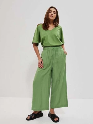 Szerokie spodnie damskie z wiskozy zielone Moodo