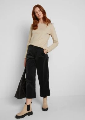 Szerokie spodnie sztruksowe culotte high-waist z wygodnym paskiem, dł. 7/8 bonprix