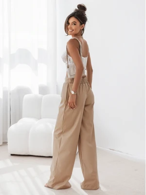 Szerokie spodnie z gumką z ekoskóry SOLANA - beżowe  magmac 