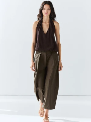Szerokie Spodnie Z Mieszanki Bawełnianej Popeliny - Khaki - Massimo Dutti - Female
