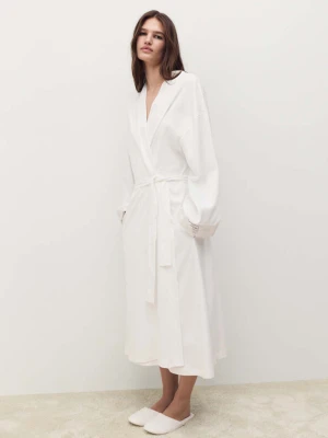 Szlafrok bawełniany z koronkową tasiemką biały - Kobieta - - MANGO