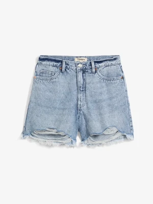Szorty dżinsowe high waist, low stretch BonPrix niebieski