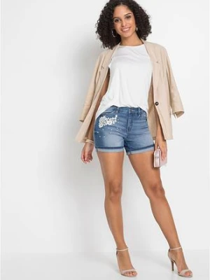 Szorty dżinsowe z ozdobną aplikacją, mid waist bonprix