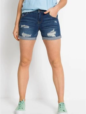 Szorty jeansowe mid waist z ozdobnymi przetarciami BonPrix niebieski