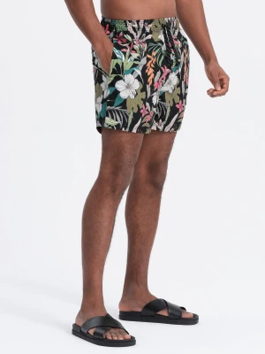 Szorty męskie kąpielówki w kwiaty - czarne V3 - Rozmiar: M Ombre Clothing