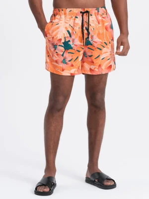 Szorty męskie kąpielówki w motyw roślinny - pomarańczowe V5 - Rozmiar: L Ombre Clothing