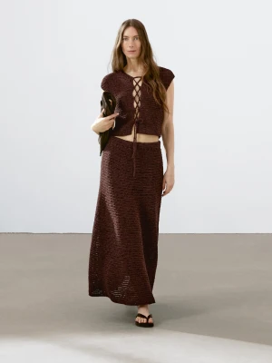 Szydełkowa Kamizelka Z Mieszanki Bawełny Z Ozdobnym Wiązaniem - Bakłażanowy/Oberżynowy - - Massimo Dutti - Kobieta