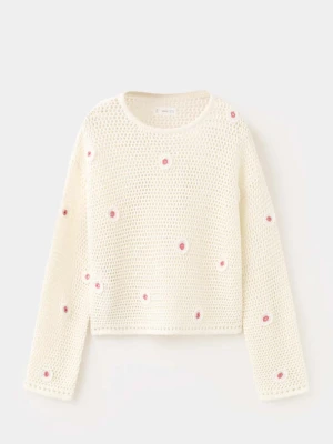 Szydełkowy sweter z motywem kwiatów kremowy / écru - Dzieci - lata - MANGO KIDS