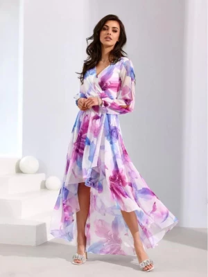 Szyfonowa sukienka asymetryczna maxi Luca z błękitem i fioletem Roco