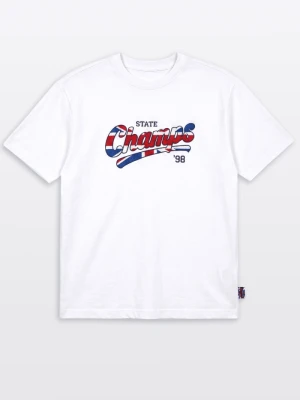 T-shirt chłopięcy loose, z grafiką z przodu, biały Reporter