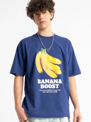 T-shirt chłopięcy loose, z grafiką z przodu, granatowy Reporter