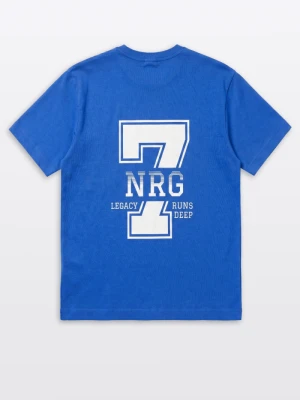 T-shirt chłopięcy loose, z grafiką z tyłu, niebieski Reporter