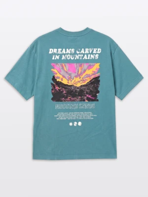 T-shirt chłopięcy loose, z grafiką z tyłu, zielony Reporter