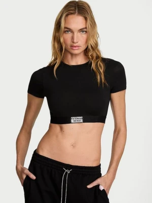 T-shirt Crop top bawełniany braletka z krótkimi rękawami Shine Patch Victoria's Secret Czarny