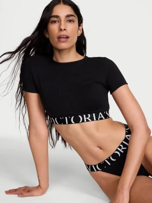 T-shirt Crop top bawełniany z krótkimi rękawkami Victoria's Secret Czarny