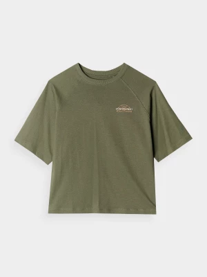 T-shirt oversize z nadrukiem damski - oliwkowy/khaki 4F